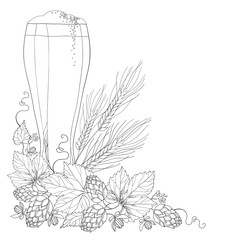 Vector beer glass with ornate Hops or Humulus and wheat ears in black isolated on white. Outline element for Oktoberfest, brewery or beer design. Corner composition in contour style for coloring book.