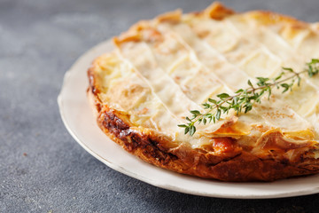 Fresh round fish pie on dark background
