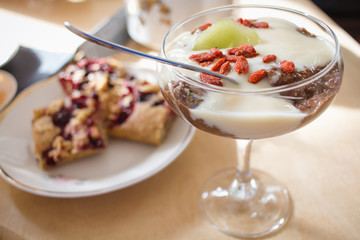 vegan chocolate pudding with chia and banana in glass