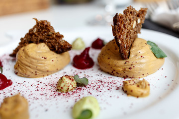 chicken liver pate with beet ketchup and basil mayo