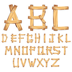 Wood Alphabet/ vector. Illustration of a set of wooden comic ABC letters and font characters. symbols. logo. on white background