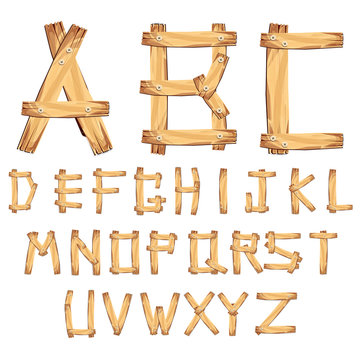 Wood Alphabet/ vector. Illustration of a set of wooden comic ABC letters and font characters. symbols. logo. on white background