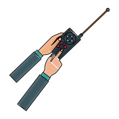 hands holding control remote advanced for drones with antenna vector illustration