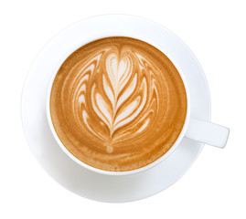 Top view of hot coffee cappuccino latte art isolated on white background, clipping path included