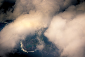 Fajã de Santo Cristo vista do avião ao nascer, Açores