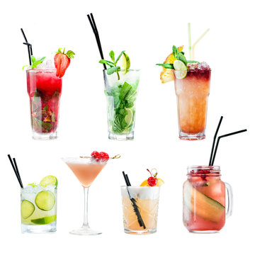 front view of set of different classic tropical fresh cocktails differ in color and shape of the glasses