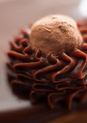 Closeup of a chocolate ganache swirl and truffle on top of a frosted chocolate cake