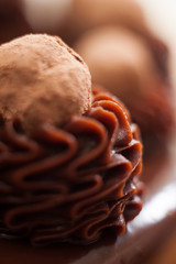 Closeup of a chocolate ganache swirl and truffle on top of a frosted chocolate cake.