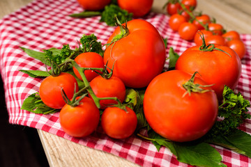 Many tomatoes are placed on a plaid tablecloth.