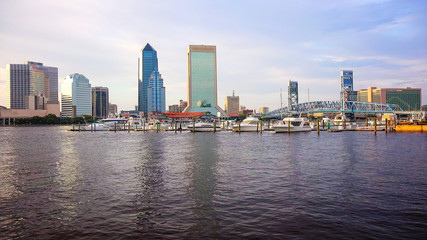 Fototapeta na wymiar Jacksonville, Florida Skyline Across St John's River (logos blurred)