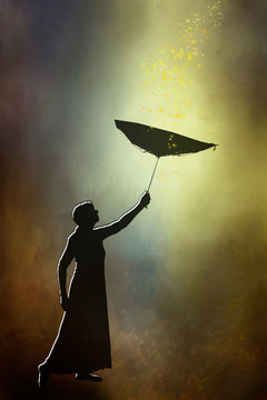 Outlined silhouette of woman in long skirt with inside out umbrella, catching dreams, falling stars.