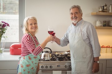 Smiling senior couple toasting glasses of wine in kitchen