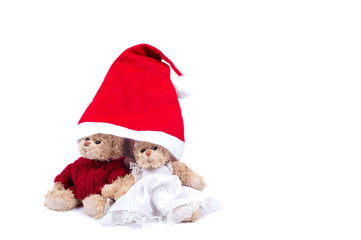 Plush bears wearing Santa hat, isolated on white background