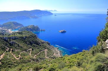 Fototapeta na wymiar Palaiokastritsa on Corfu island. View from Angelokastro. Ionian Sea, Greece.