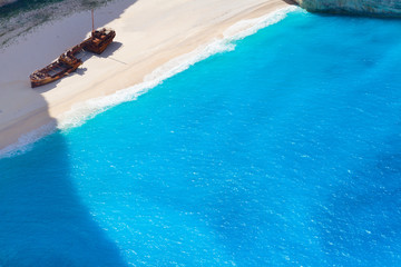 Navagio beach overhead close up view, beautiful landscape of Zakinthos island, Greece