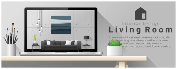 Modern living room interior design background , vector , illustration