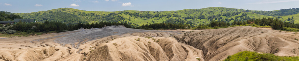 Landscape of mud volcanoes at Berca in Romania, panoramic view