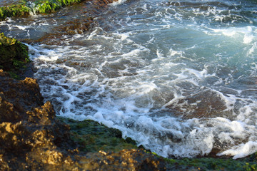 Beautiful sea wave background with green rocky shore and foam near the seashore. Contrast portrait