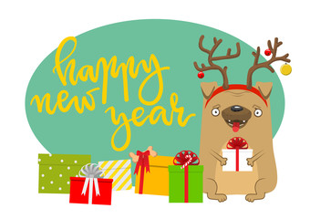 Happy New Year's dog. Symbol of the year 2018. Lovely pug with deer horns with presents