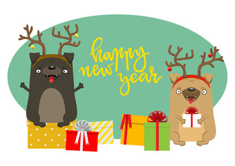 Happy New Year's dogs. Symbol of the year 2018. Lovely pug with deer horns with presents.