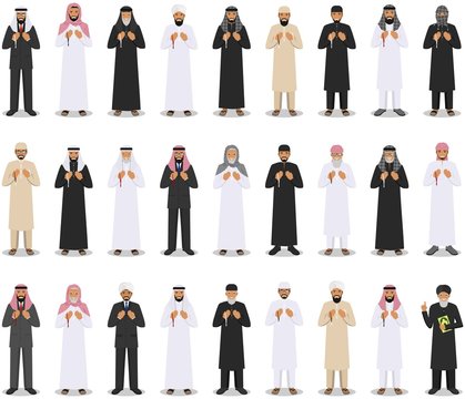 Prayer time. Different standing praying muslim arabic people and mullah in traditional arabian clothes. Mufti with quran. Islamic men with beads in hands pray. Vector illustration.