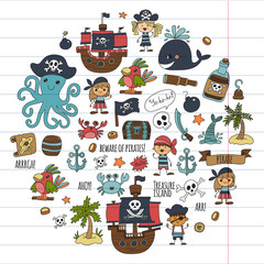 Fototapeta na wymiar Vector pirates Children cartoon illustration Kids drawing style for kids party in pirate style Octopus, pirate ship, sailor, boy, girl, treasure island