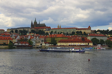Panorama of Prague Castle, Lesser Town, St. Nicholas Cathedral and river Vltava in sunny day....