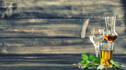 Alcoholic drinks ice mint leaves Food beverages vintage toned