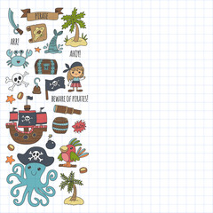 Vector pirates Children cartoon illustration Kids drawing style for kids party in pirate style Octopus, pirate ship, sailor, boy, girl, treasure island