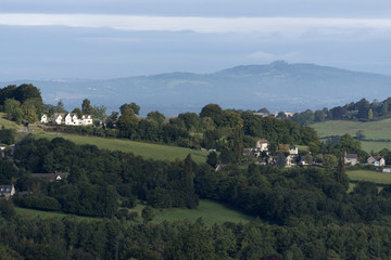 An early morning view from Amberley Gloucestershire England UK over the Nailsworth Valley and Longhope towards May Hill
