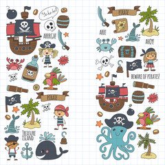 Vector pirates Children cartoon illustration Kids drawing style for kids party in pirate style Octopus, pirate ship, sailor, boy, girl, treasure island