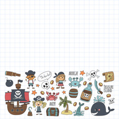 Vector pirates Children cartoon illustration Kids drawing style for kids party in pirate style Octopus, pirate ship, sailor, boy, girl, treasure island