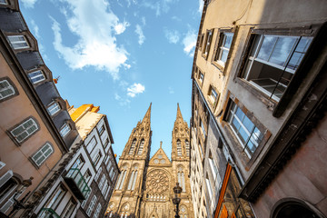 View on the famous cathedral during the sunset in Clermont-Ferrand city in France