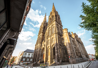 View on the famous cathedral during the sunset in Clermont-Ferrand city in France