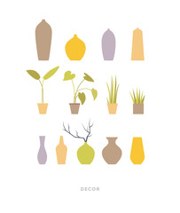 Green plants in pots and ceramic vases for decorating interior of house and office. Indoor plants on light background. Vector illustration.