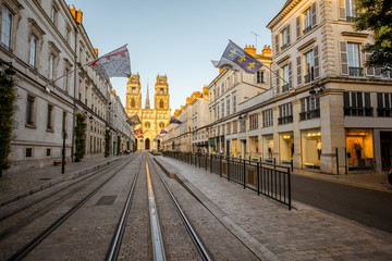 Street view with famous cathedral during the sunset in Orleans city in central France