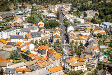 Aerial cityscape view on Saint Flour town in Cantal region in France