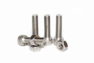 Steel nut and bolt on white background.