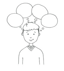 Young man with speech balloons. Vector illustration in a sketch style.