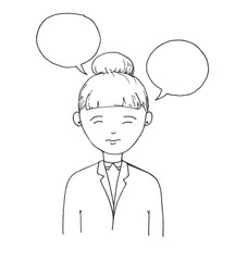 Young woman with speech balloons. Vector illustration in a sketch style.