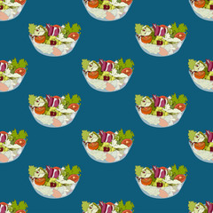 Salad Bowl Healthy Food Seamless on Indigo Blue Background