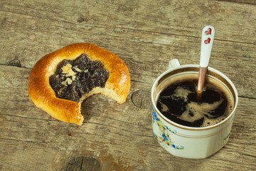 Homemade cake and hot coffee. Home Breakfast. Sweet snack.
