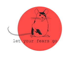 Let your fears go. Inspirational quote. Vector hand lettering illustration. Sketch style. Mouse with gun on red circle background.