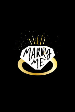 Wedding card with silhouette of a diamond ring and calligraphic text Marry me. Vector label on black background.