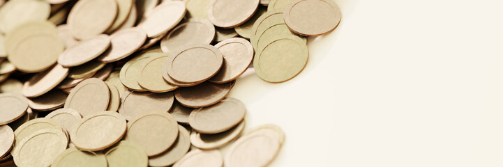 Infinite golden coins horizontal background, realistic texture, original 3d rendering background