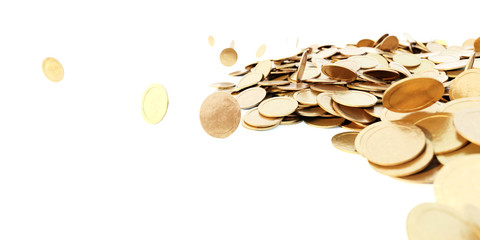 Infinite golden coins horizontal background, realistic texture, original 3d rendering background