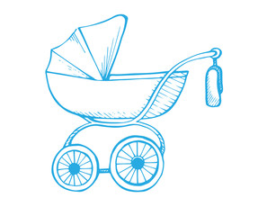 Fototapeta na wymiar Hand drawn baby stroller isolated on white background. Vector illustration of a sketch style.