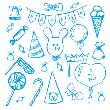 Balloons and gifts hand drawn. Vector illustration in a sketch style