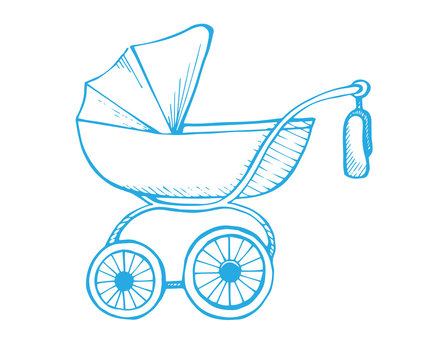 Hand drawn baby stroller isolated on white background. Vector illustration of a sketch style.