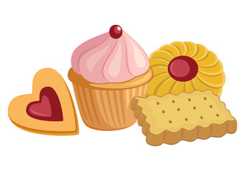 Assorted Biscuit, Cookies and Cupcake Food Collection. Baking Sweets for Tea or Coffee Vector Illustration.